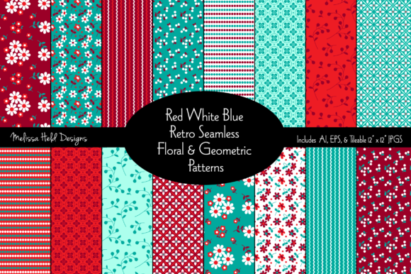 Red White Blue Seamless Retro Floral Patterns
